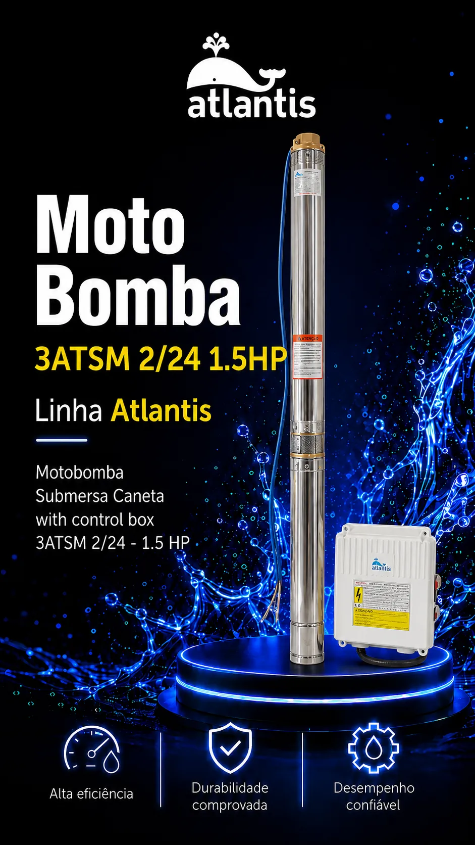 Motobomba Submersa Caneta with control box 3ATSM 2/24 - 1.5 HP — Atlantis